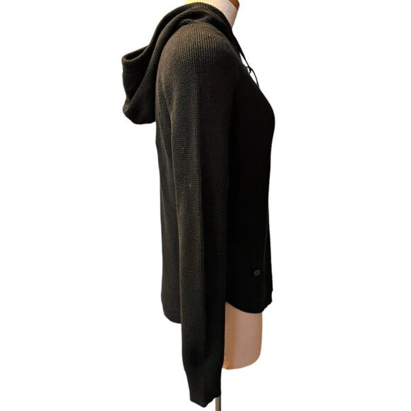Lauren Ralph Lauren Waffle Knit Hoodie Curved Hem S Black Gorpcore Cozy Weekend - Picture 2 of 11